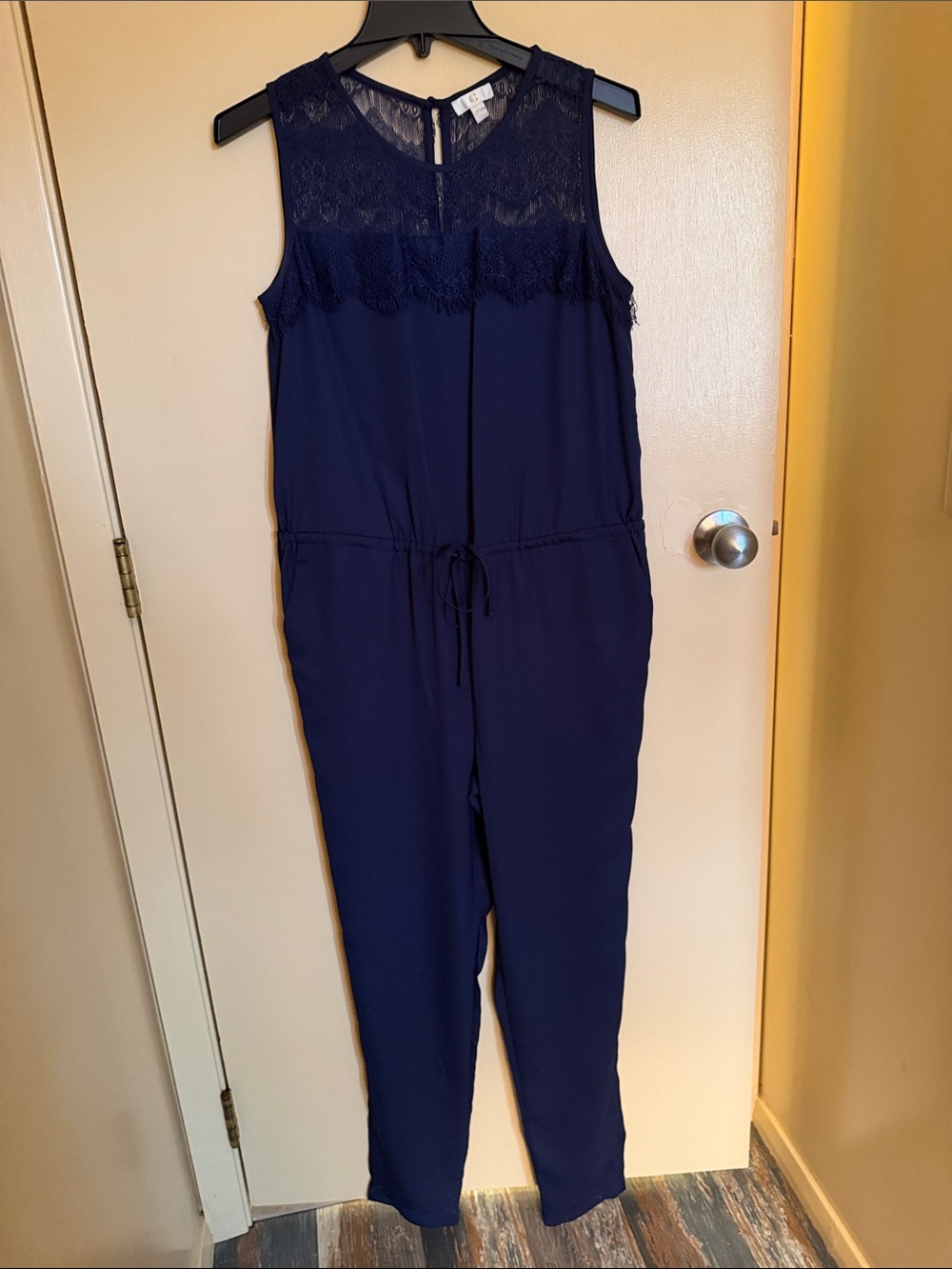 Charming Charlie Navy Lace Yoke Sleeveless Jumpsuit